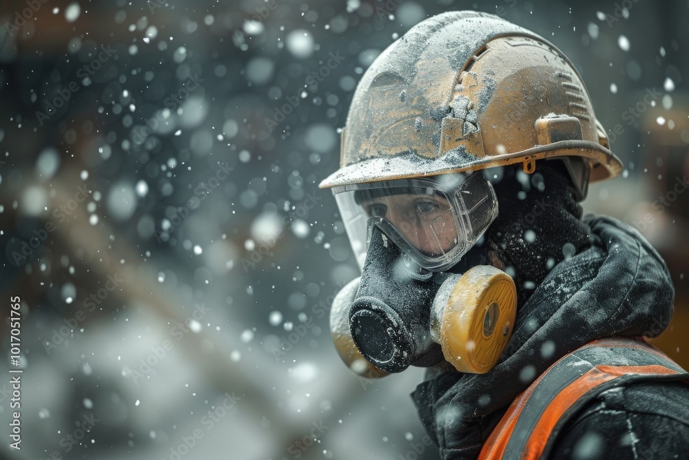 A man in a yellow helmet and goggles is wearing a gas mask, generative ai image A man in a yellow helmet and goggles is wearing a gas mask, generative ai image