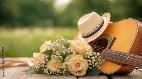 Acoustic guitar decorated with ivory roses, placed on rustic wooden table in green garden, romantic floral decor, peaceful outdoor setting, perfect for wedding or special occasions photo