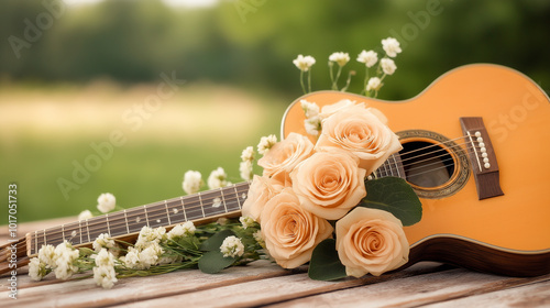 Acoustic guitar decorated with ivory roses, placed on rustic wooden table in green garden, romantic floral decor, peaceful outdoor setting, perfect for wedding or special occasions photo