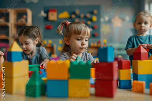 Three children are playing with blocks in a room