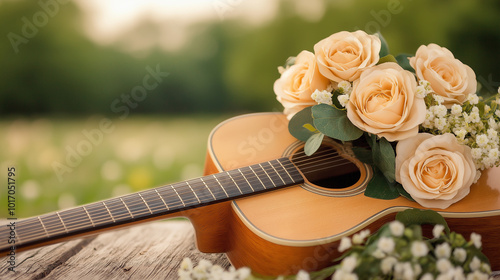 Acoustic guitar decorated with ivory roses, placed on rustic wooden table in green garden, romantic floral decor, peaceful outdoor setting, perfect for wedding or special occasions photo