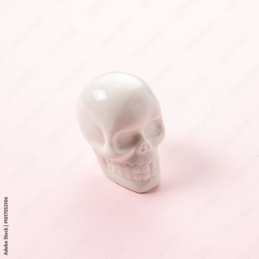White skull on a pink background. Minimal Halloween spooky concept. White skull on a pink background. Minimal Halloween spooky concept.