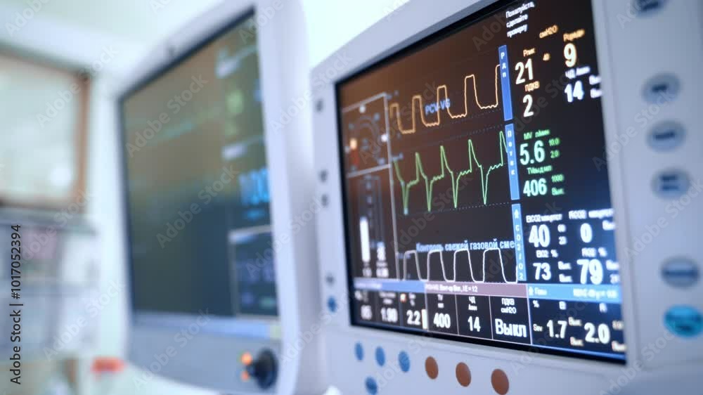 Curved lines and parameters of a patient shown on the monitors of medical equipment. Working artificial lung ventilator close up. Curved lines and parameters of a patient shown on the monitors of medical equipment. Working artificial lung ventilator close up.