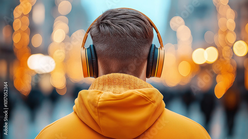 Man wearing headphones in a city street with festive bokeh lights, modern lifestyle and music listening in winter, outdoor urban setting, holiday season joy, cozy and stylish moment photo