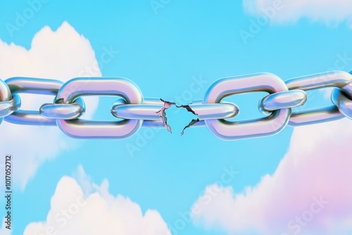 Broken Link Chain Against Blue Sky with Clouds - Symbolizing Fragility, Disconnection, and Strength - Ideal for Motivational Designs