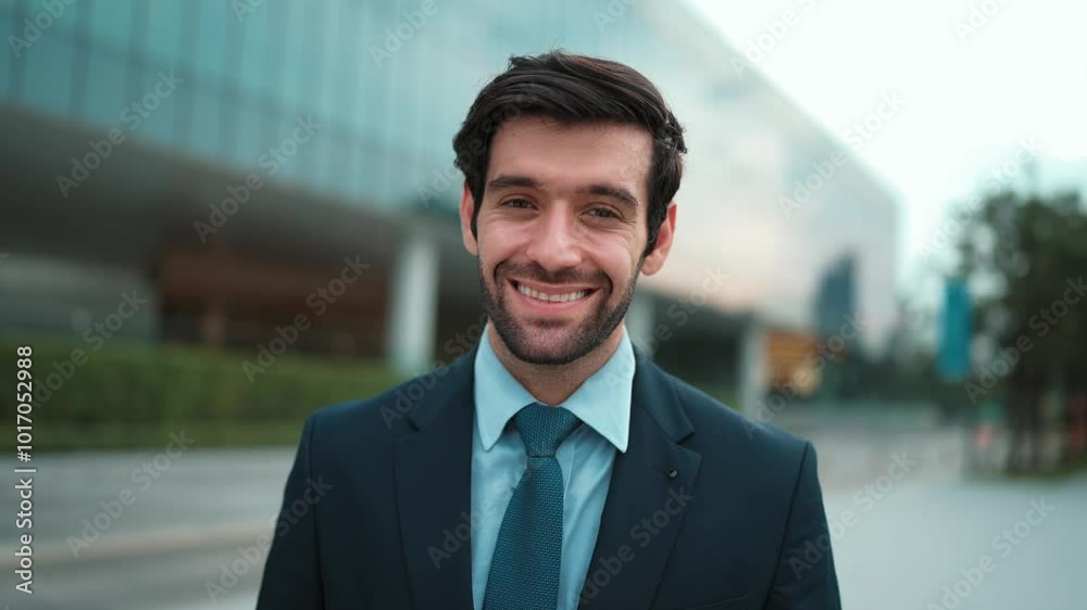 Skilled smiling business man looking at camera while standing at building. Closeup of successful man smiling at camera while wearing business suit. Happy manager look at camera. Business. Exultant.
