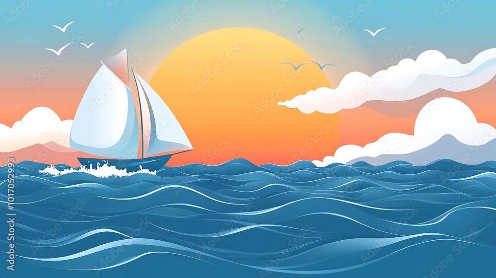 Naklejka premium A sailboat glides across the ocean at sunset with a vibrant sky filled with clouds.