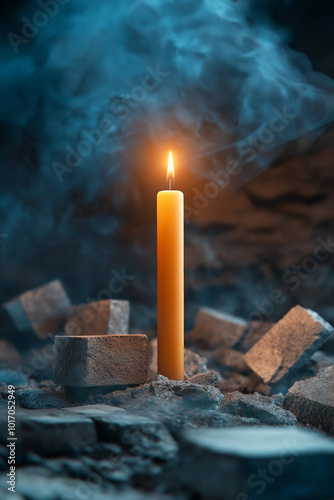 Burning candle with rising smoke in dark blue background, serene and peaceful atmosphere, relaxation, meditation, calm ambiance, spiritual moment, flickering flame, soothing light photo