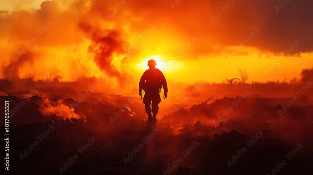 A soldier walks through a smoky landscape at sunset, evoking themes of conflict and resilience. A soldier walks through a smoky landscape at sunset, evoking themes of conflict and resilience.