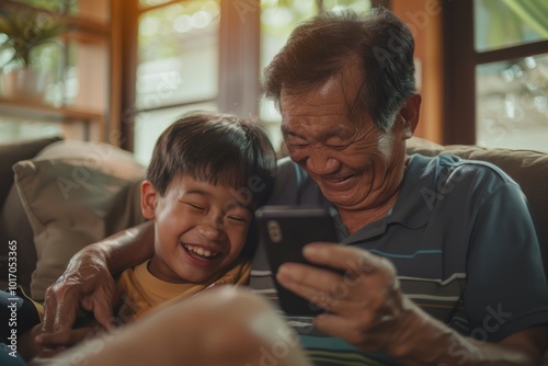 Father son bonding over smartphone  teaching and learning together.