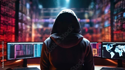Unrecognizable hacker working on computer in secret office. Back view of professional computer fraudster hiding in hood stealing digital data, pull back shot.