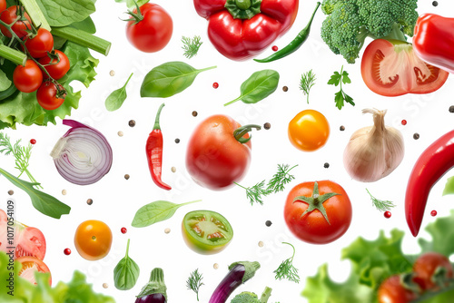 A colorful assortment of vegetables and herbs, including tomatoes, peppers