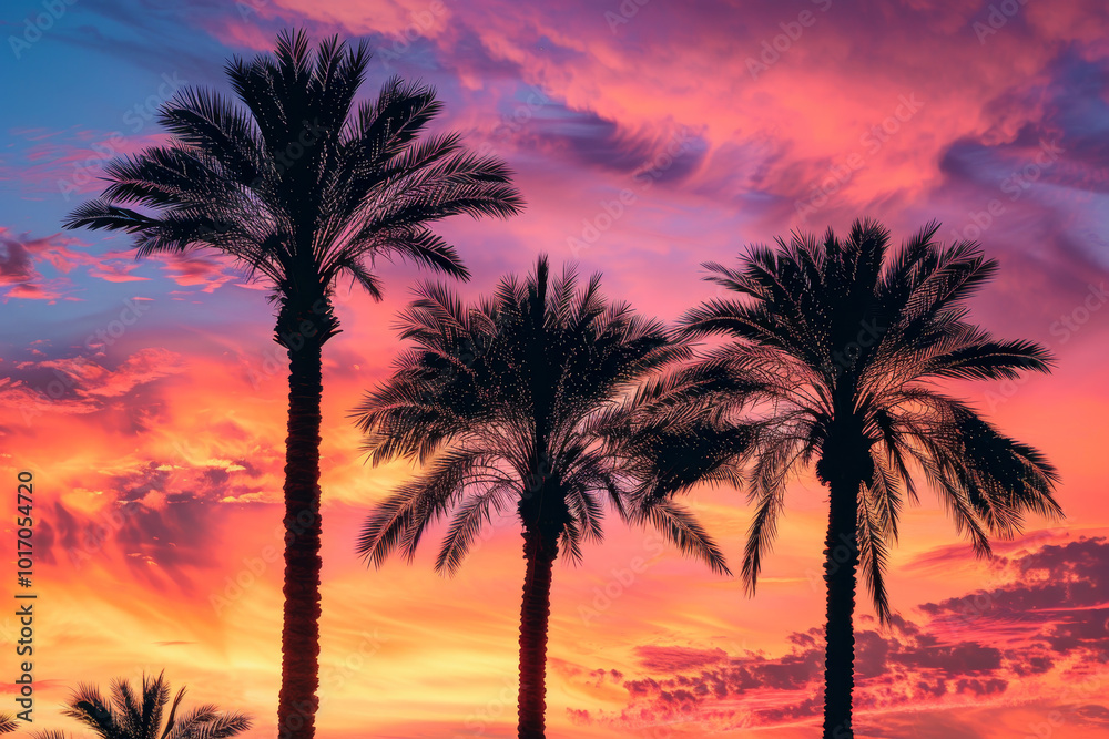 Three palm trees are silhouetted against a beautiful sunset sky Three palm trees are silhouetted against a beautiful sunset sky