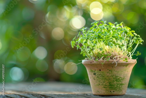 A small potted plant with green leaves sits on a wooden table