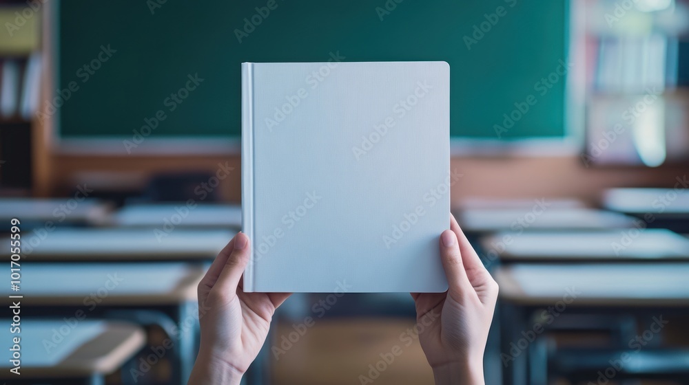 A person holds a blank notebook in a classroom setting, symbolizing learning and creativity.