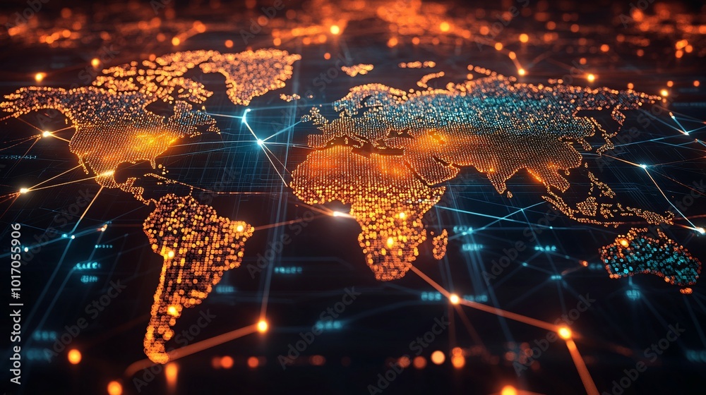 Illuminated World Map with Interconnected Lines and Nodes Illuminated World Map with Interconnected Lines and Nodes