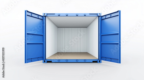 Empty blue shipping container with open doors, isolated on white background, industrial transportation and logistics concept, cargo storage unit, maritime freight, import and export, commercial trade photo