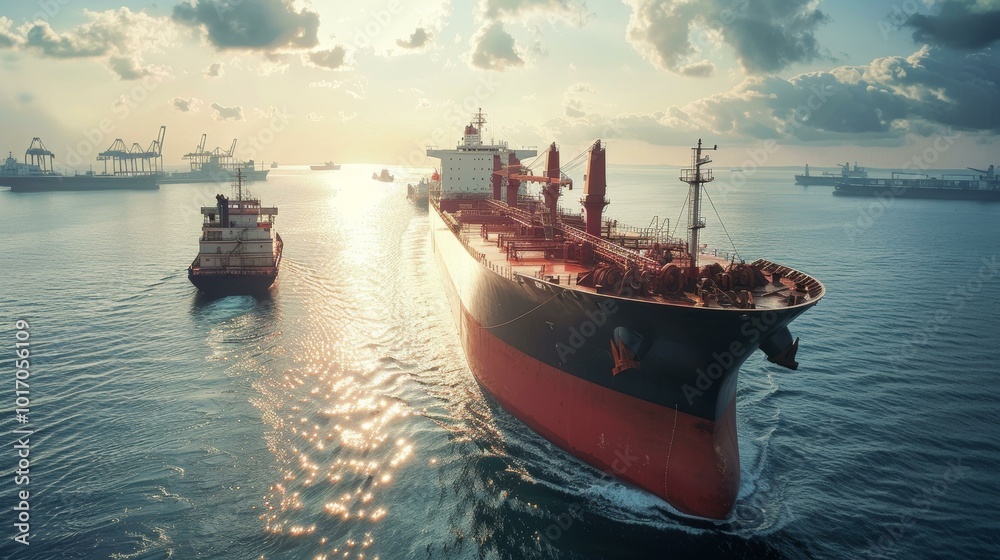 Obraz premium Large cargo ship navigates calm waters at sunset, tugboat assisting with maneuvering, vibrant reflections on surface, port cranes visible in background, industrial maritime activity.