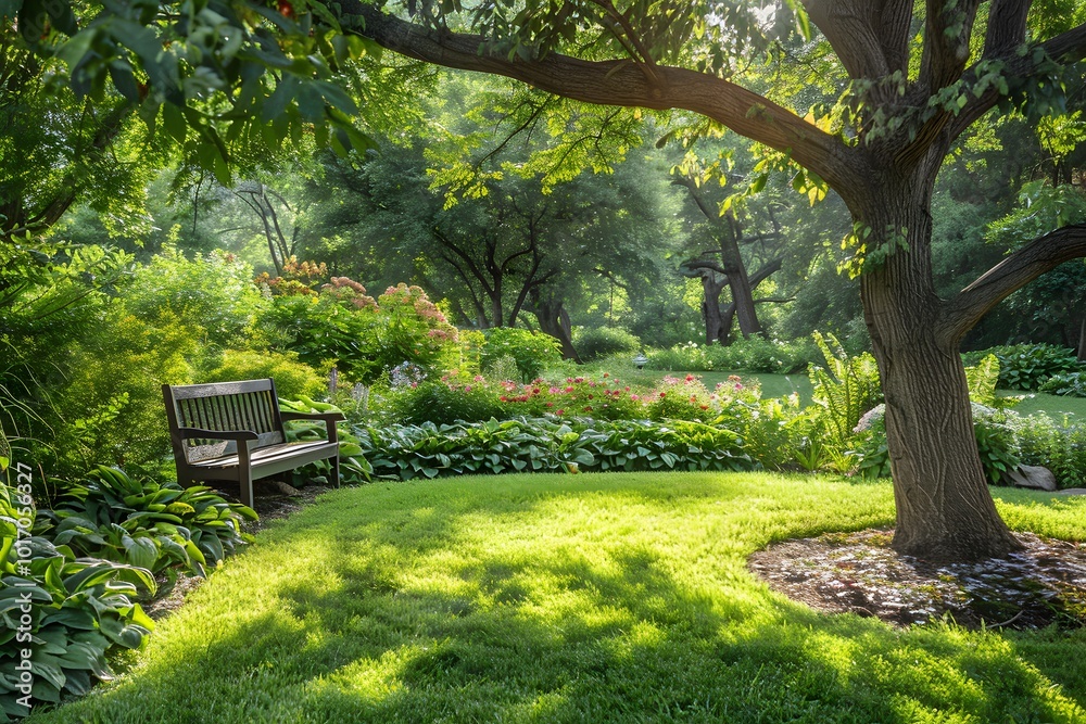 Fototapeta premium Serene Garden Retreat with a Cozy Bench Under a Tree