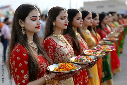 Women dressed in vibrant red and gold sarees, holding their thalis while praying during Karva Chauth, representing the colorful and festive atmosphere of the celebration photo