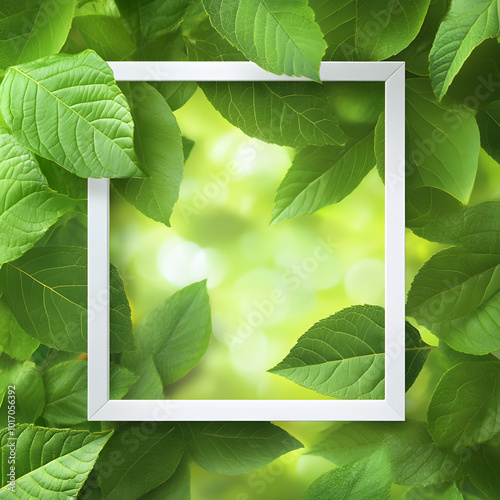 White square frame on leaves background, advertising concept on green eco background. fresh leaves. nature. fashionable stylish minimalist poster photo