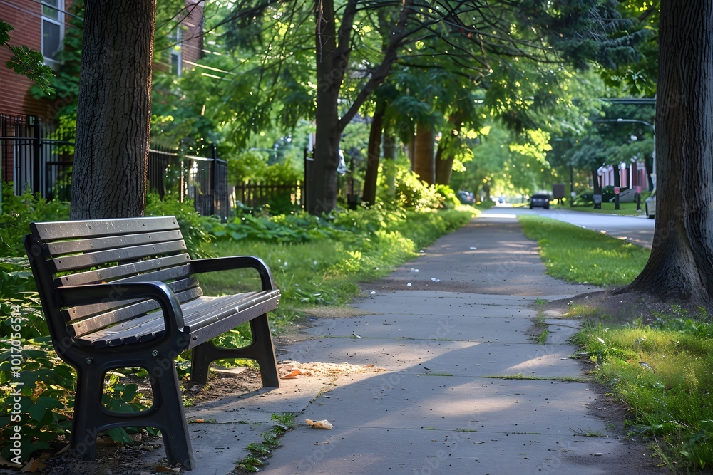 Serene Park Pathway with a Bench Surrounded by Lush Greenery Serene Park Pathway with a Bench Surrounded by Lush Greenery
