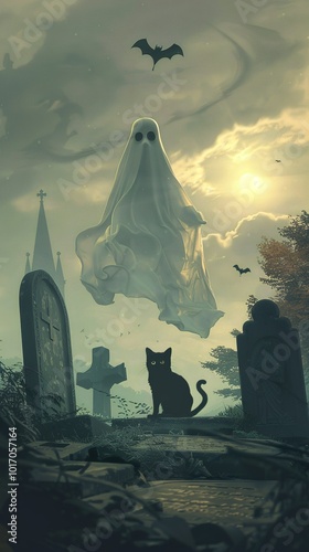 A ghostly, white-sheeted figure with two small eyes and no mouth, floating... photo