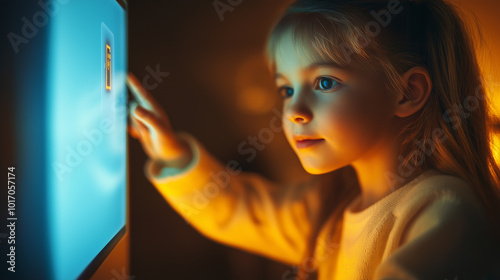 Little girl touching interactive touchscreen in dark room, futuristic technology concept, glowing blue light, digital learning, innovative education, child exploring modern tech, curiosity and wonder photo