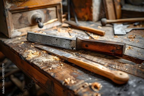 Rustic Workshop Scene with Handcrafted Knives on a Wooden Table