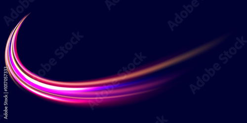 Abstract neon light rays background. A Colorful Motion Background of City Light Trails. Purple glowing wave swirl, impulse cable lines. Long time exposure. Vector