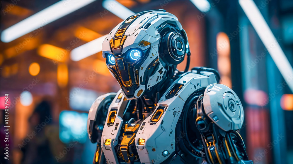 AI-generated image of an ultra-modern robot designed with advanced futuristic materials and cutting-edge technology, with glowing neon lights and state-of-the-art sensors AI-generated image of an ultra-modern robot designed with advanced futuristic materials and cutting-edge technology, with glowing neon lights and state-of-the-art sensors