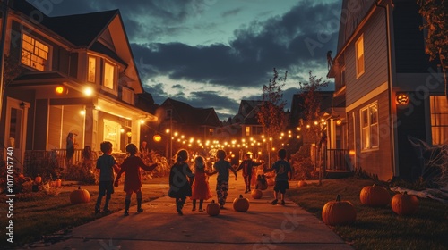 A group of children in various Halloween costumes, excitedly trick-or-treating in a suburban neighborhood. The houses are decorated with spooky lights, jack-o'-lanterns, and cobwebs. 