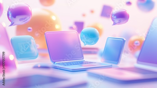 A range of modern vector icons for business presentations features digital devices like laptops and smartphones, paired with vibrant communication symbols in a dynamic layout