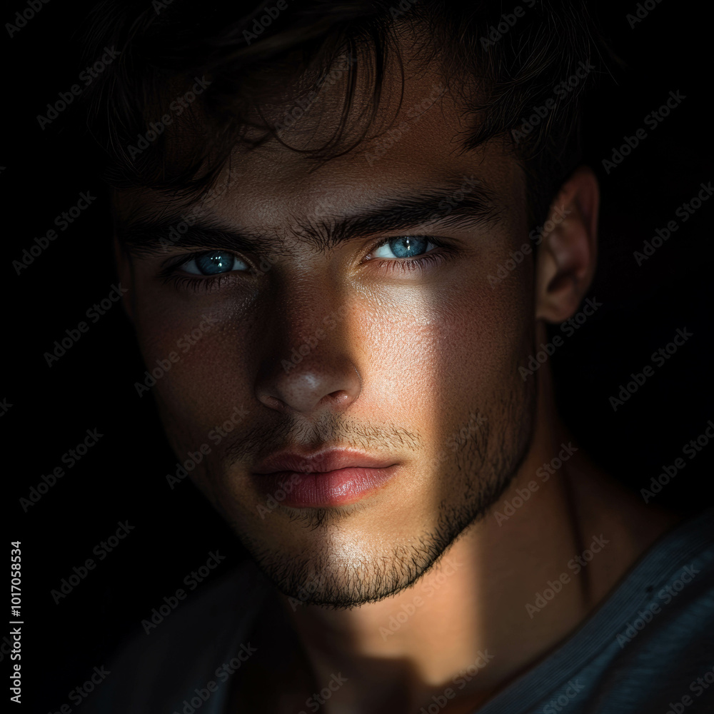 Portrait of a young man with dark hair and blue eyes, looking at the camera, lit by soft window light against a black background