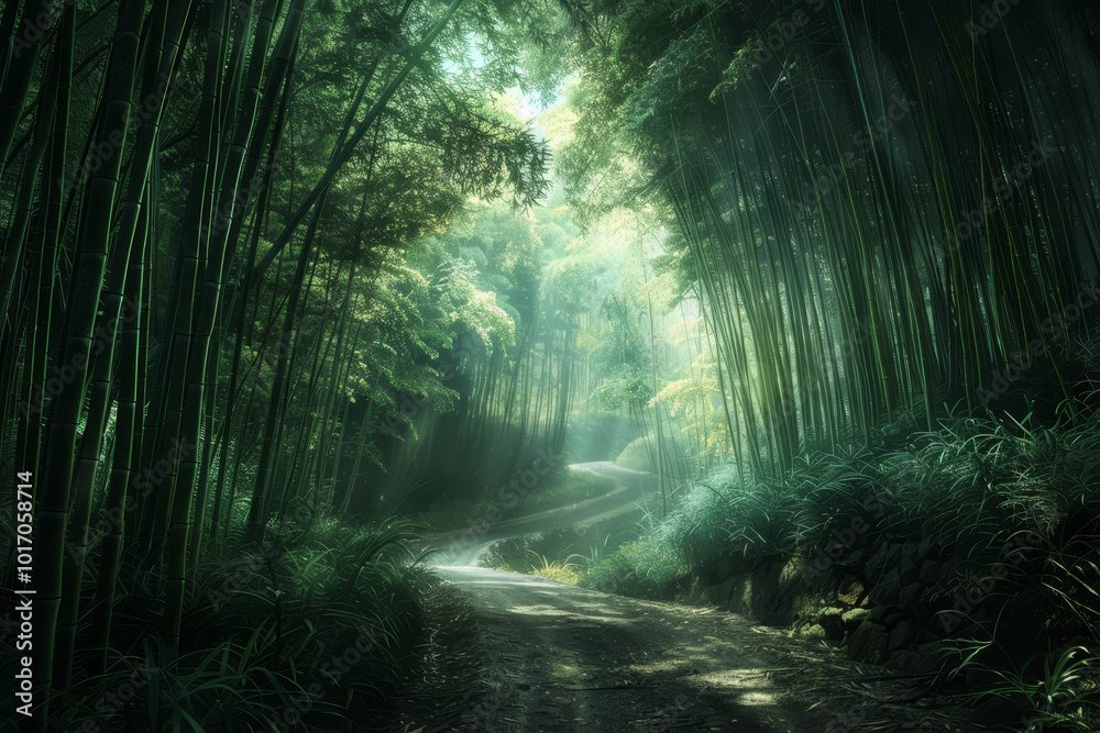 Obraz premium A forest path with a road running through it