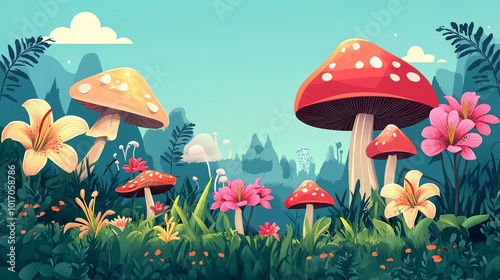 Whimsical Forest Scene with Vibrant Mushrooms and Colorful Flowers photo