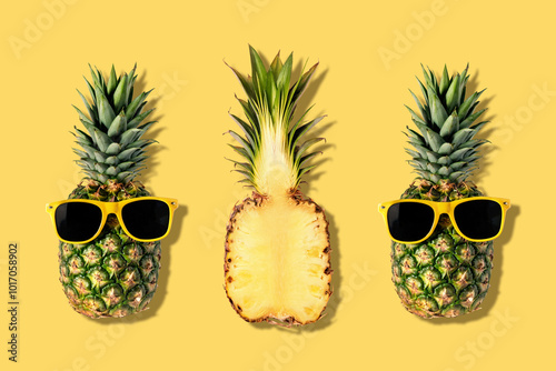 Fresh pineapples with sunglasses on yellow background. Creative suumer concept.