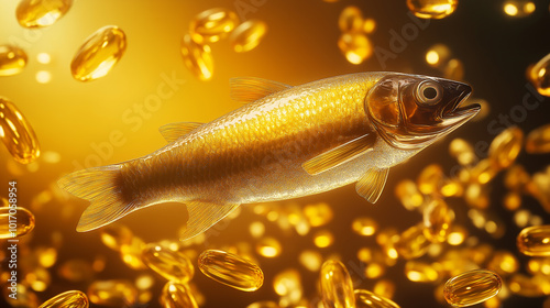 Golden fish surrounded by omega-3 capsules, healthy fish oil supplements concept, glowing background, natural health benefits, rich in nutrients, dietary supplements for heart and brain wellness photo