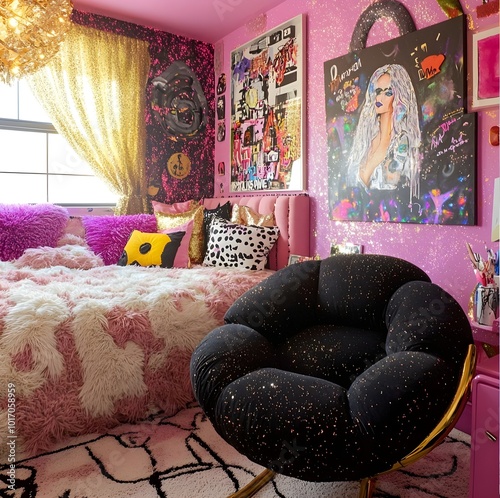 a girls bedroom in her late 20’s the bedroom shows that she loves bold colors like pink, black, gold, sparkle. Hype beast and fashion. Artist. Very girly. Very glamorous photo