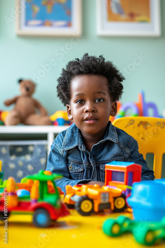 Portrait of African American little child boy play with toys sitting at a table at kindergarten