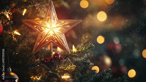 A bright, illuminated star tree topper shines atop a Christmas tree adorned with festive lights and ornaments, radiating holiday cheer.