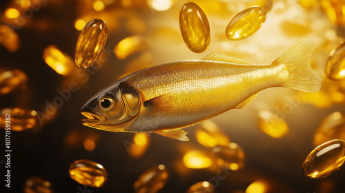 Golden fish surrounded by omega-3 capsules, healthy fish oil supplements concept, glowing background, natural health benefits, rich in nutrients, dietary supplements for heart and brain wellness photo