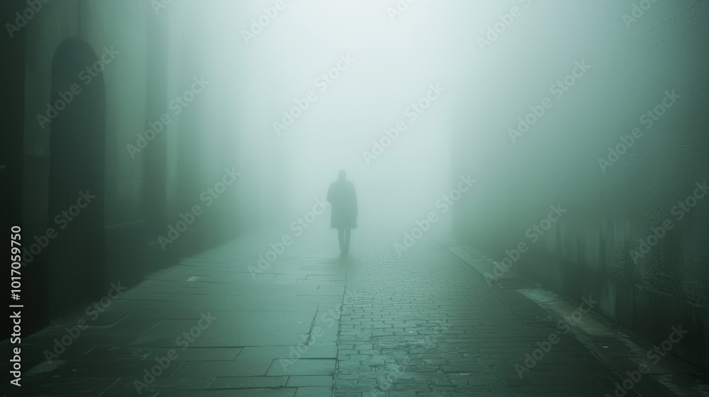 Eerie Noir Scene of Mysterious Figure Vanishing in Foggy Urban Street - Cinematic Suspense and Intrigue in Aesthetic Photograph Eerie Noir Scene of Mysterious Figure Vanishing in Foggy Urban Street - Cinematic Suspense and Intrigue in Aesthetic Photograph