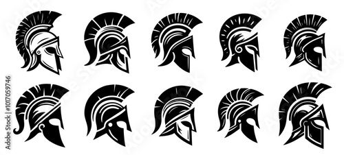 iconic spartan helmet variations black and white hand-drawn vector