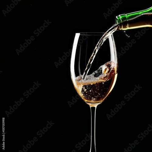 pouring a drink into a glass with a clear light liquid from the neck of a bottle on a dark background photo