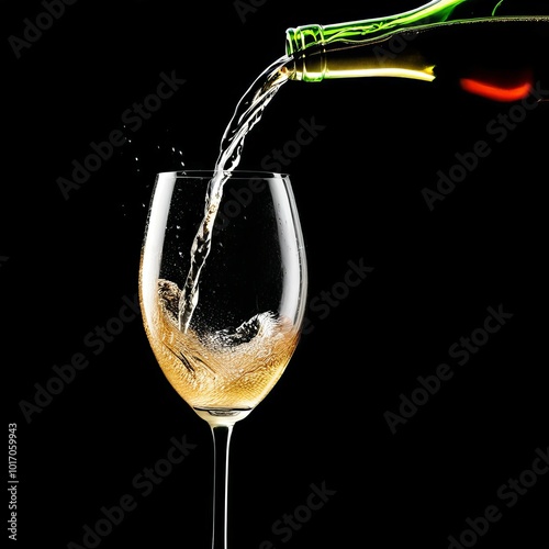 pouring a drink into a glass with a clear light liquid from the neck of a bottle on a dark background photo