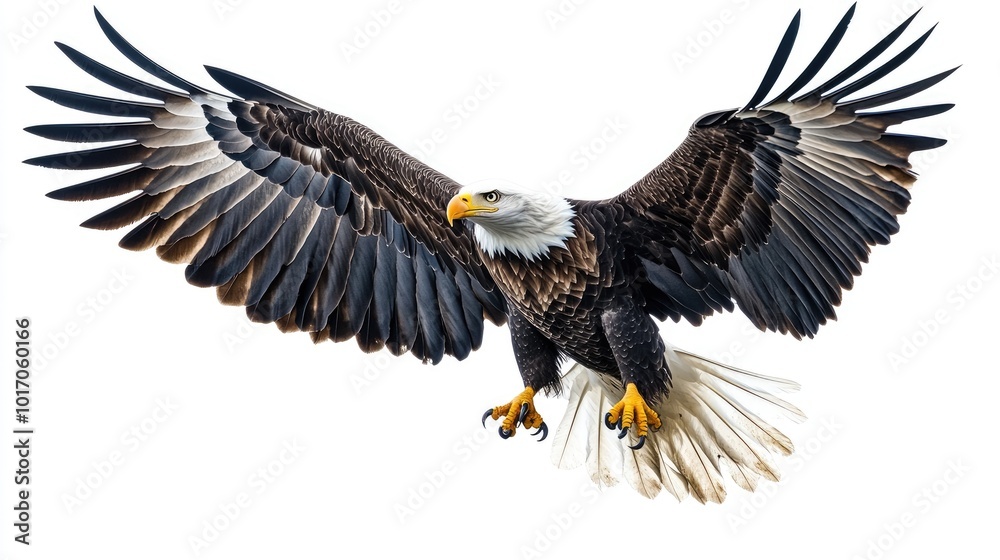 Naklejka premium An eagle soaring in mid-flight, its sharp talons and beak visible, wings spread wide against a white background.