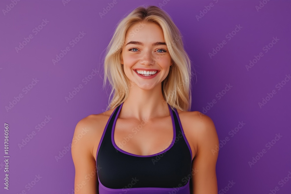 Blonde Woman Smiling Brightly in Sporty Attire Against Purple Background Active Lifestyle Concept Blonde Woman Smiling Brightly in Sporty Attire Against Purple Background Active Lifestyle Concept