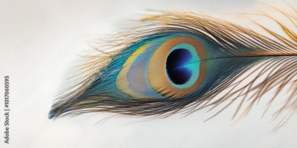 Naklejka premium Minimal close-up of a single intricate peacock feather with vibrant blue, green, and gold hues