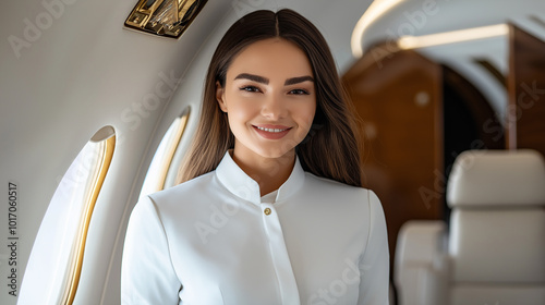 Elegant woman in white blazer sitting on private jet, luxury travel and business class experience, successful professional, smiling flight attendant in corporate aviation setting, exclusive lifestyle photo